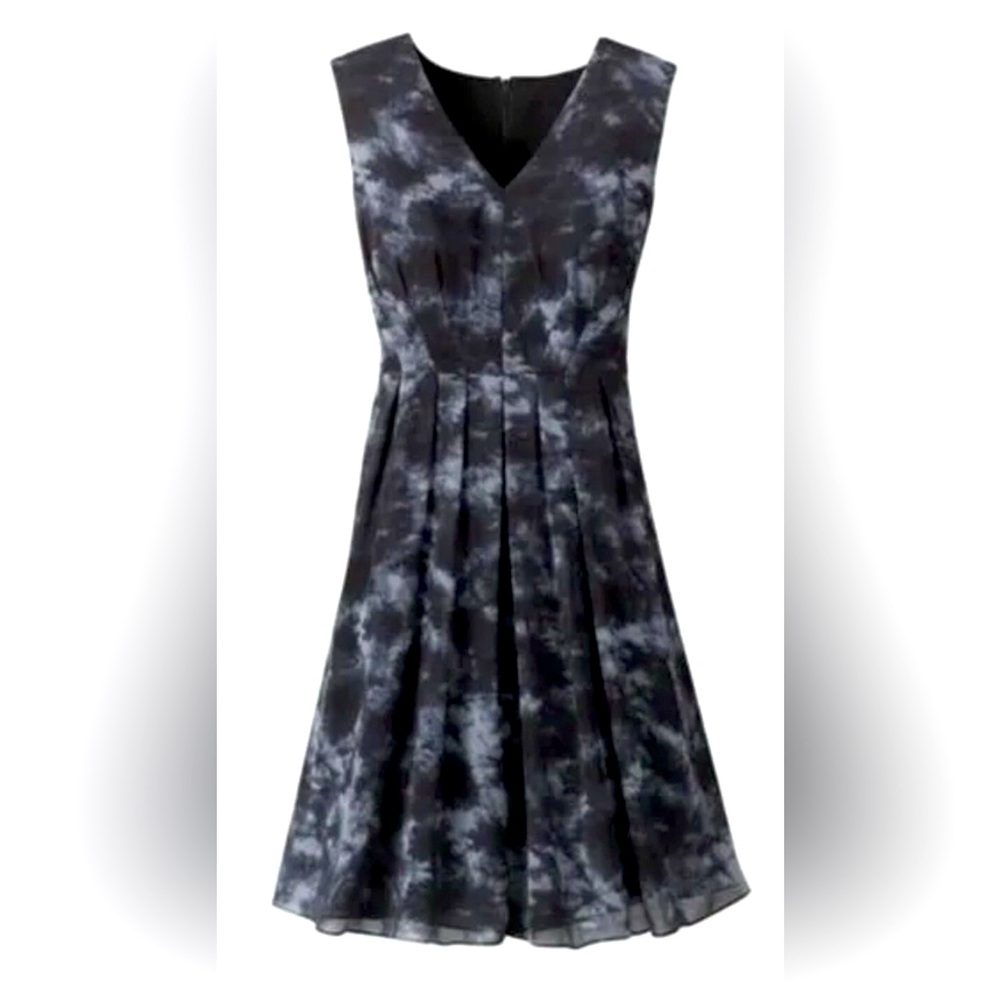 Coldwater Creek Dress Size 10 Cloud Print Chiffon Black Gray Sleeveless Pleated